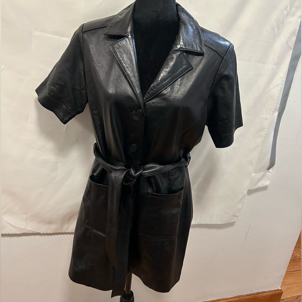 Nasty Gal Black Leather Short-Sleeve Trench Coat with Belt